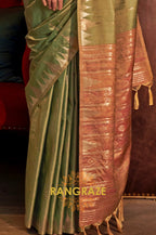 Pistachio Green Tussar Silk Saree with Copper Border