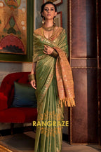 Pistachio Green Tussar Silk Saree with Copper Border