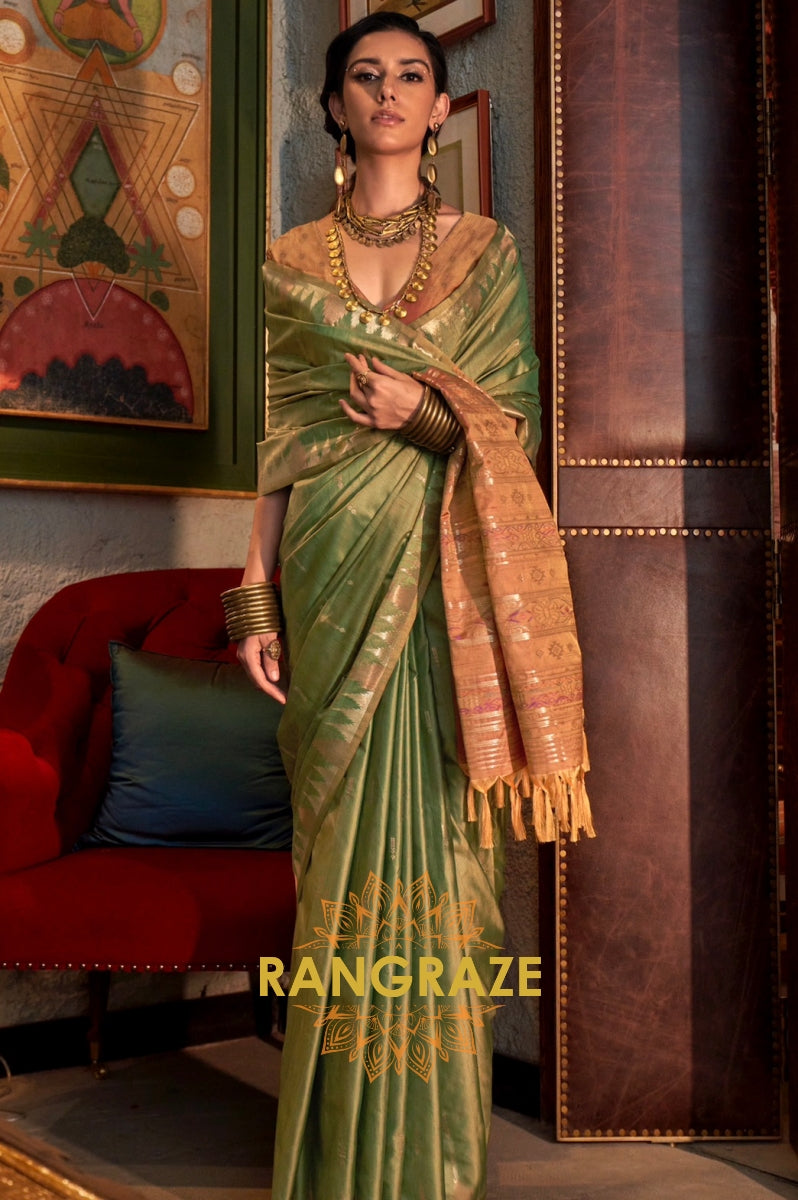 Pistachio Green Tussar Silk Saree with Copper Border