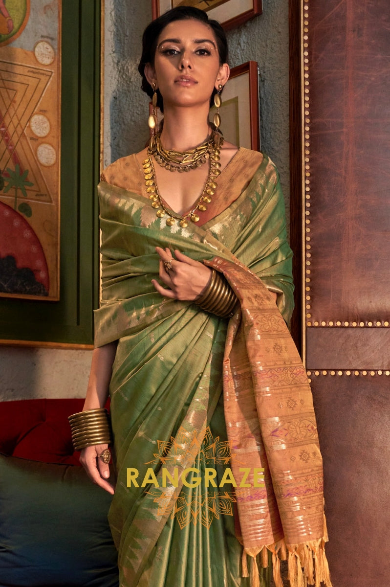 Pistachio Green Tussar Silk Saree with Copper Border