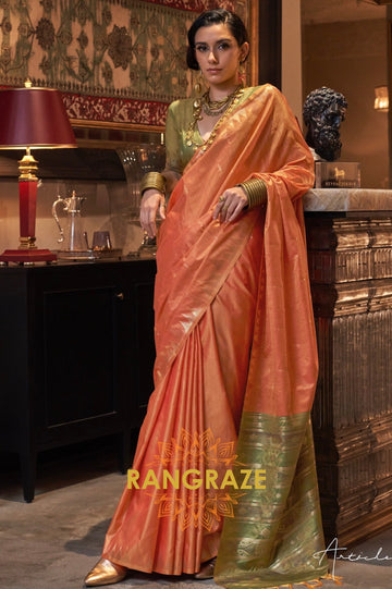 Terracotta Orange Tussar Silk Saree with Olive Green Border