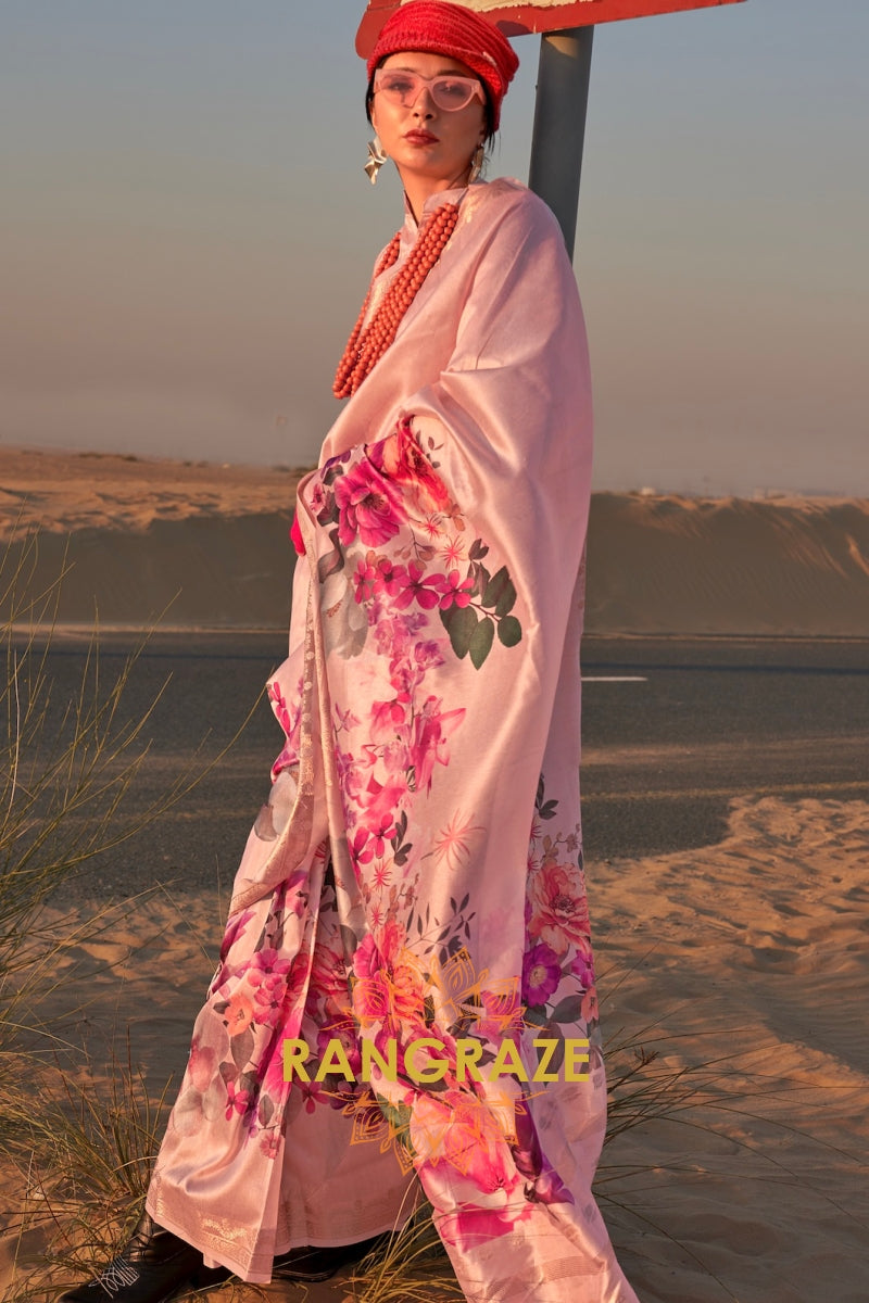Soft Pink Woven Printed Tussar Silk Saree