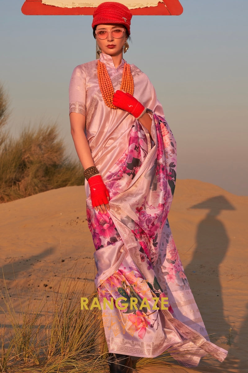 Soft Pink Woven Printed Tussar Silk Saree