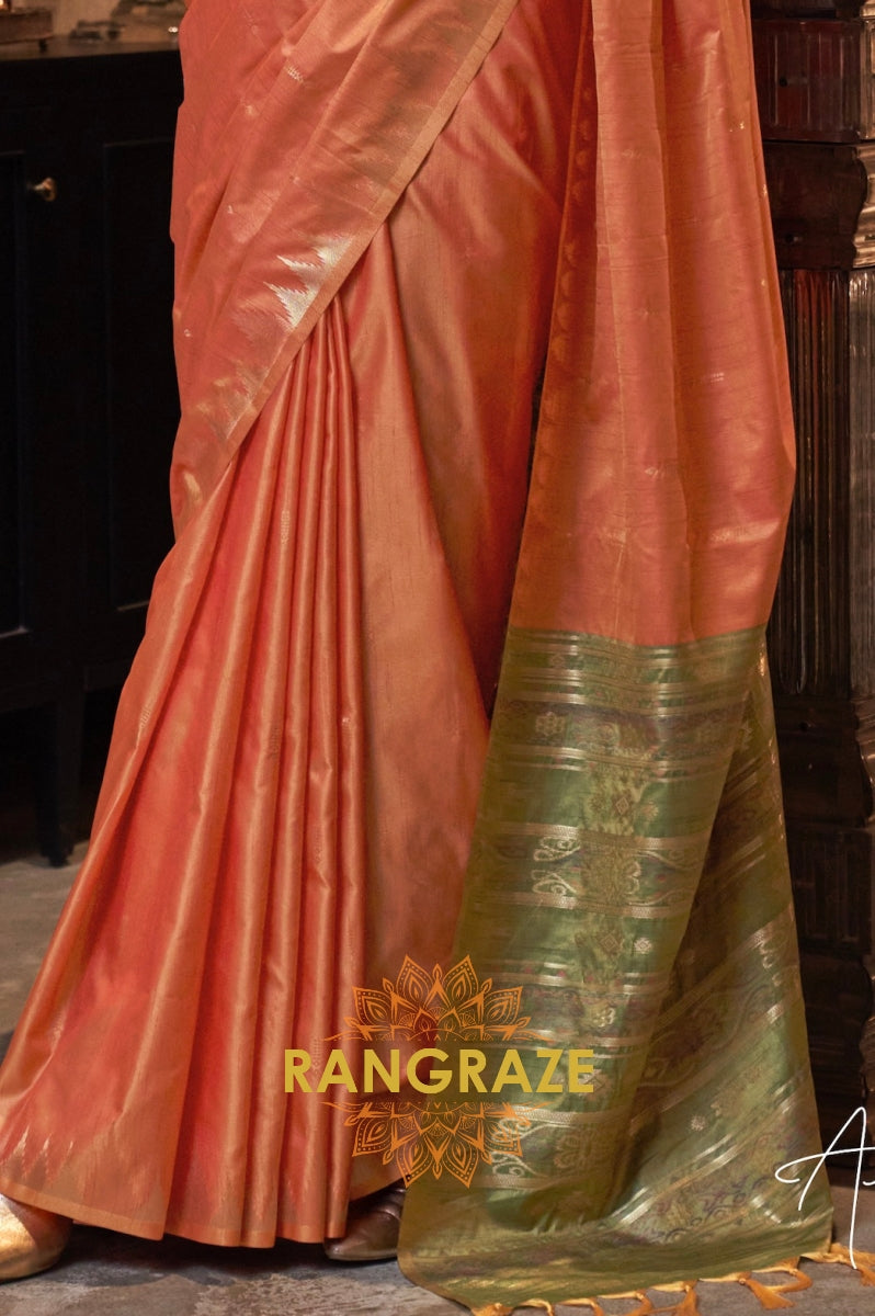 Terracotta Orange Tussar Silk Saree with Olive Green Border