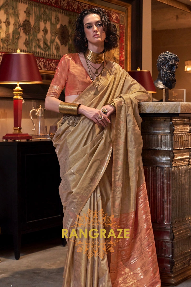 Champagne Gold Tussar Silk Saree with Terracotta Border