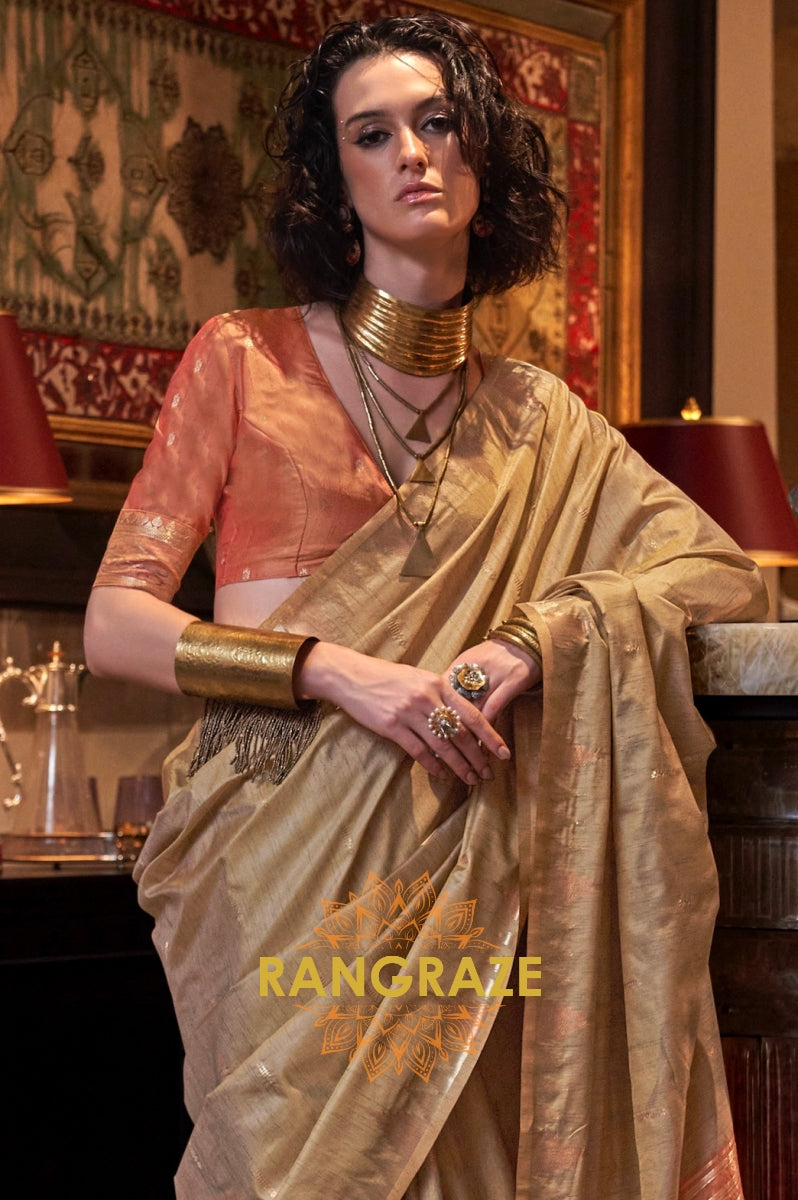 Champagne Gold Tussar Silk Saree with Terracotta Border