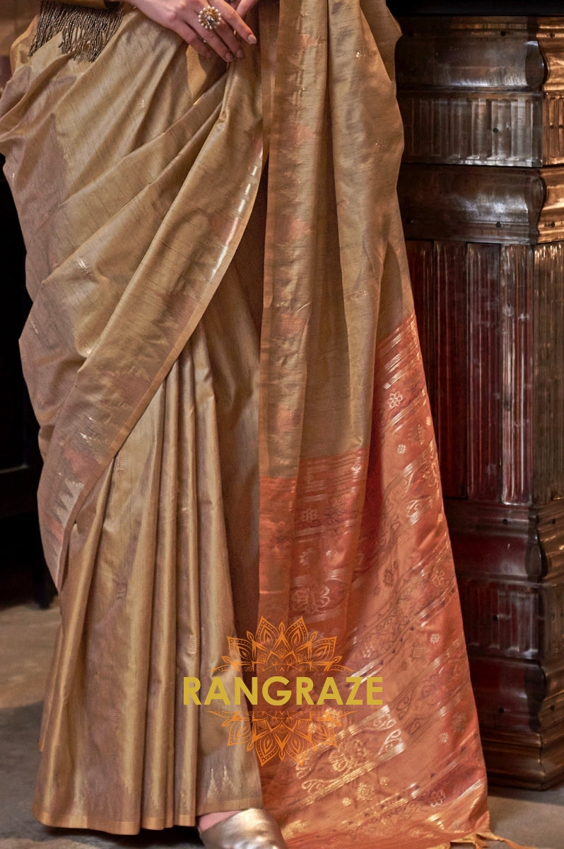 Champagne Gold Tussar Silk Saree with Terracotta Border