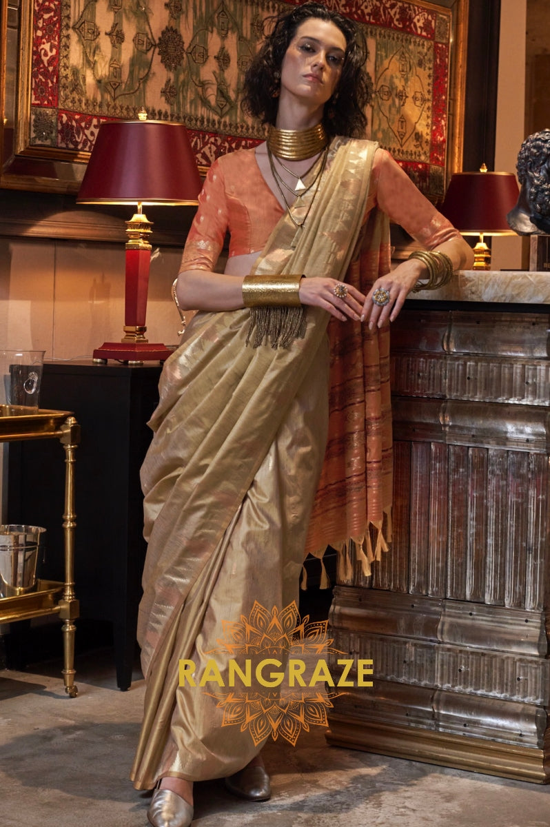 Champagne Gold Tussar Silk Saree with Terracotta Border