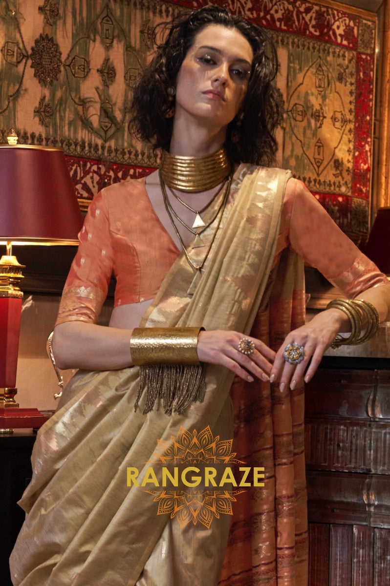 Champagne Gold Tussar Silk Saree with Terracotta Border