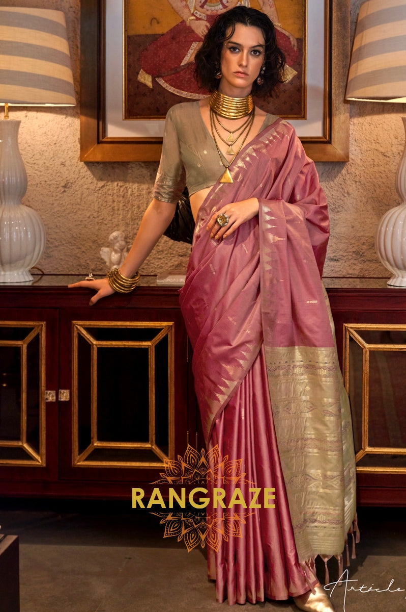 Rose Pink Tussar Silk Saree with Sage Green Border