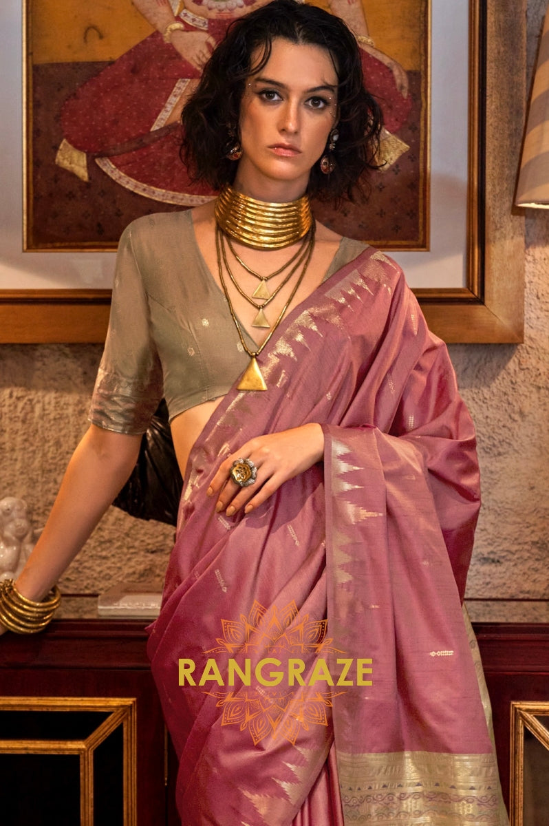 Rose Pink Tussar Silk Saree with Sage Green Border