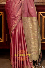 Rose Pink Tussar Silk Saree with Sage Green Border