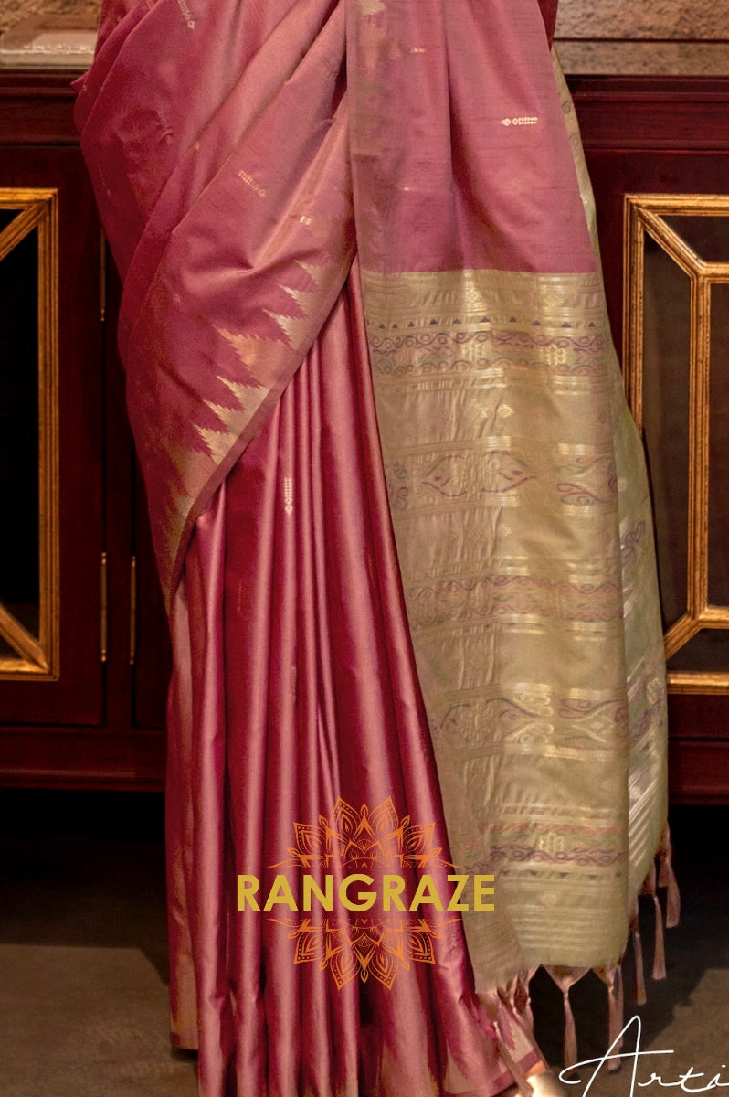 Rose Pink Tussar Silk Saree with Sage Green Border