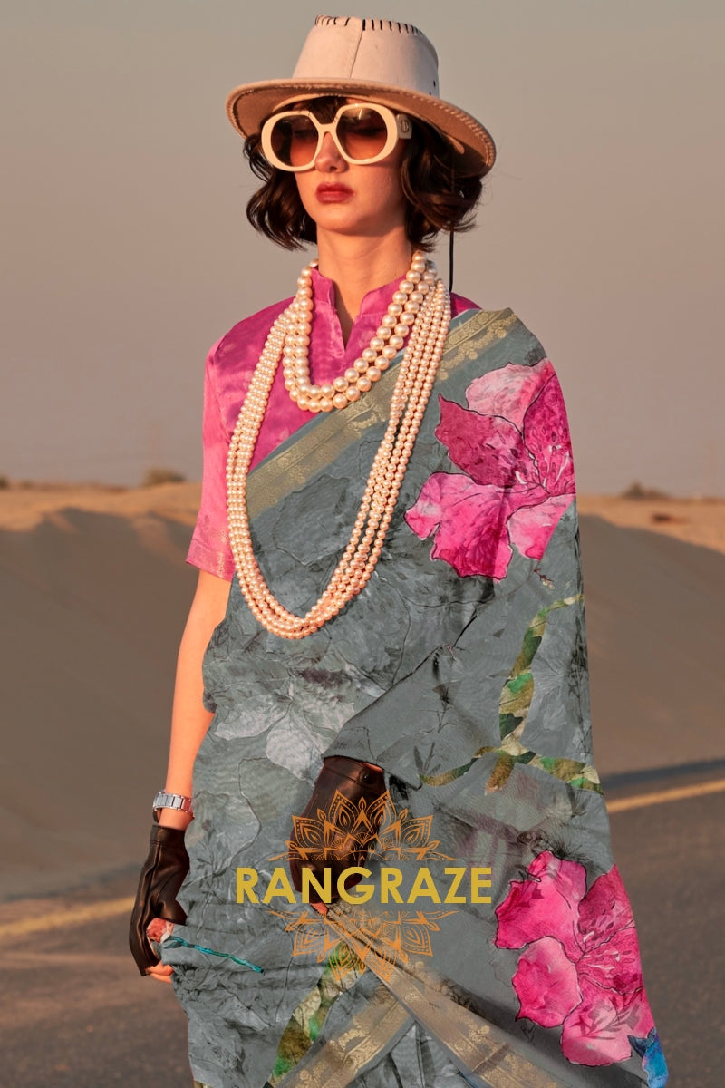 Grey and Pink Woven Tussar Silk Saree
