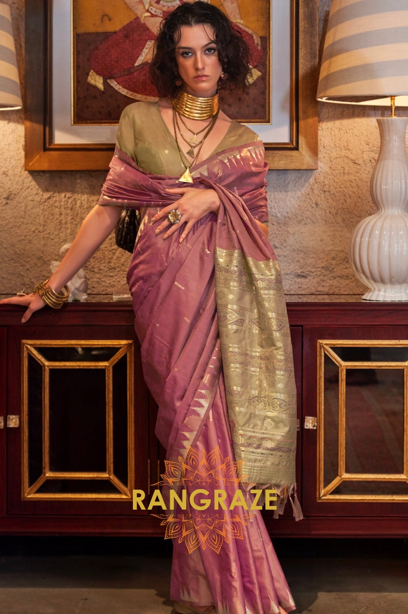 Rose Pink Tussar Silk Saree with Sage Green Border
