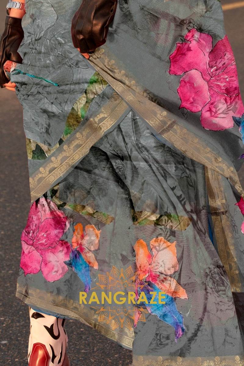 Grey and Pink Woven Tussar Silk Saree