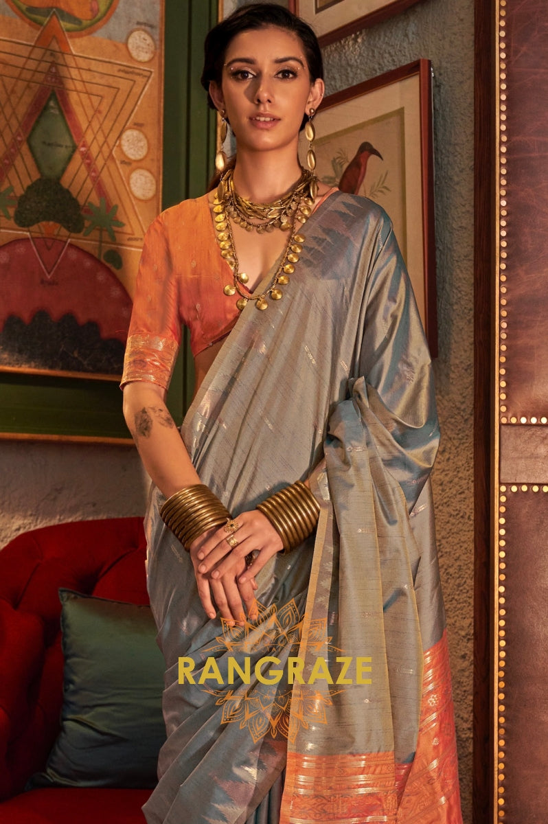 Greyish Blue Tussar Silk Saree with Peach Contrast Border