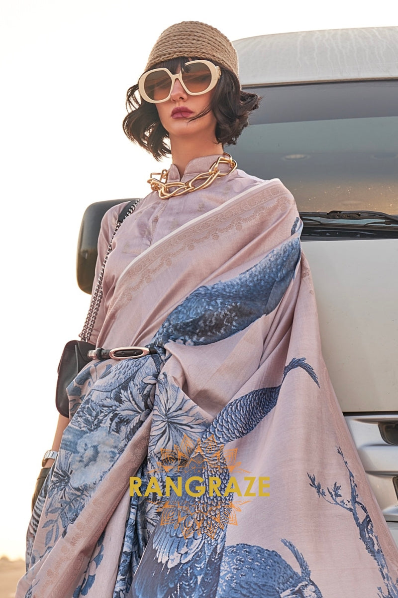 Sand Beige and Blue Woven Tussar Silk Saree