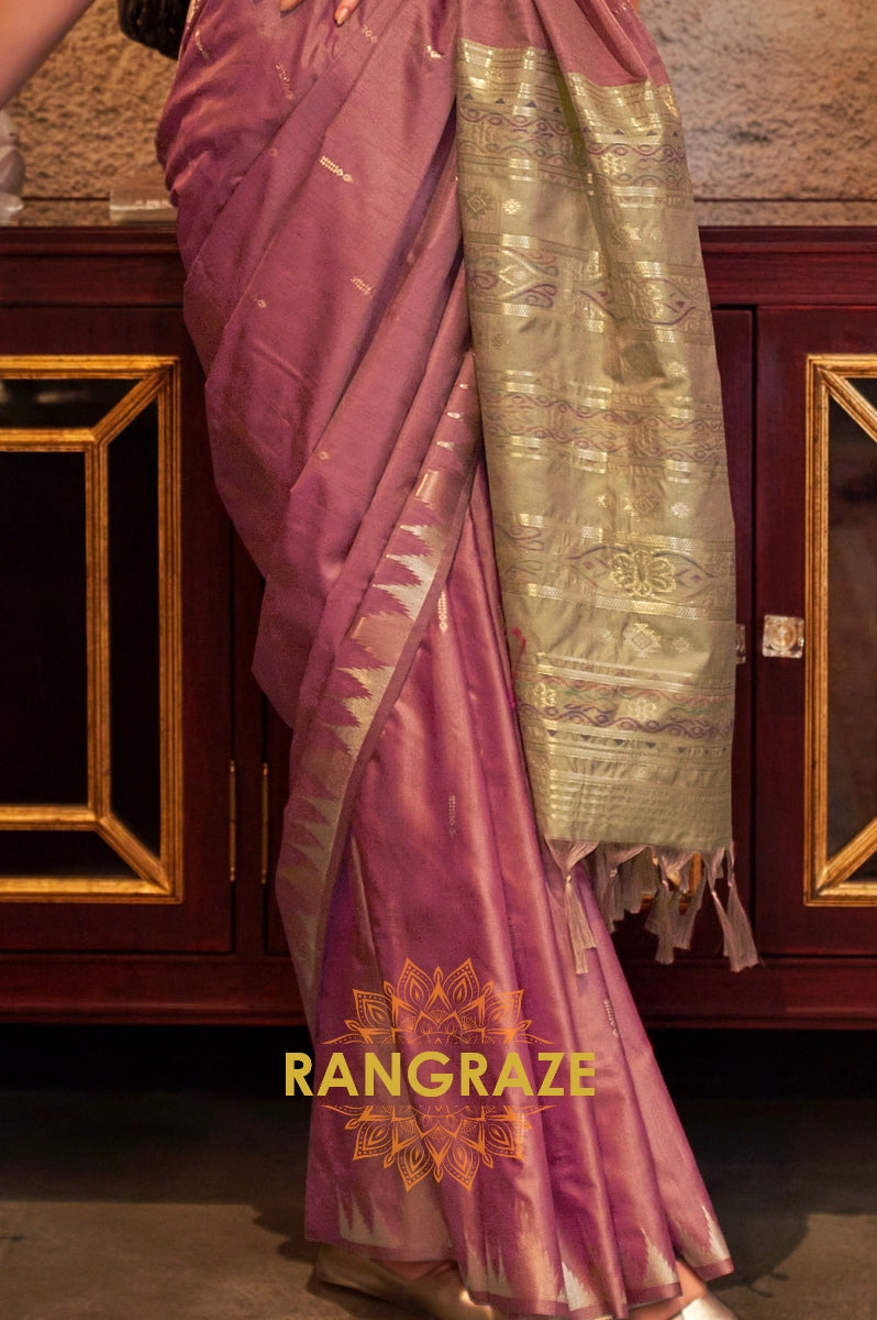 Rose Pink Tussar Silk Saree with Sage Green Border