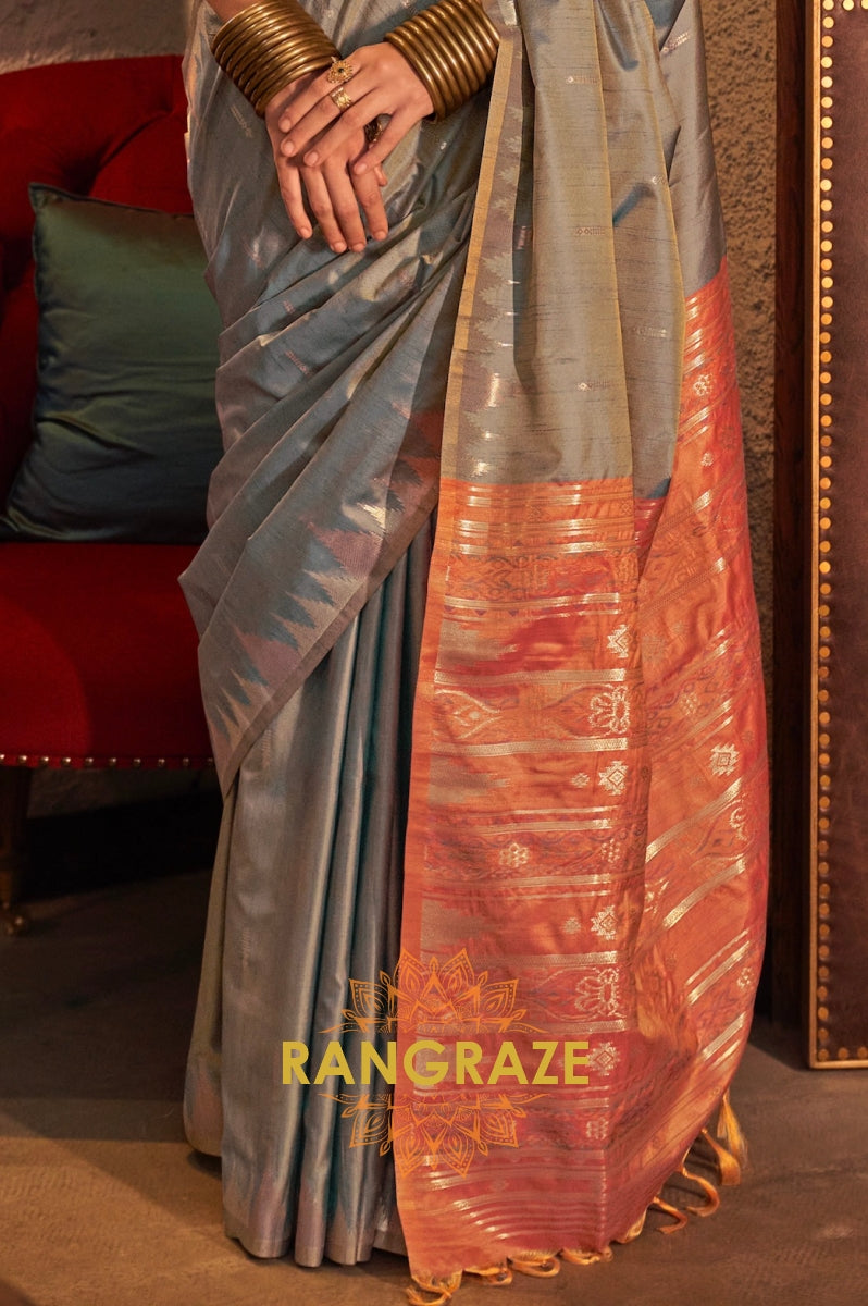 Greyish Blue Tussar Silk Saree with Peach Contrast Border
