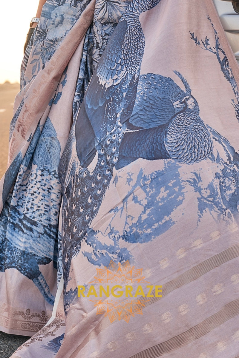 Sand Beige and Blue Woven Tussar Silk Saree
