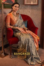 Greyish Blue Tussar Silk Saree with Peach Contrast Border