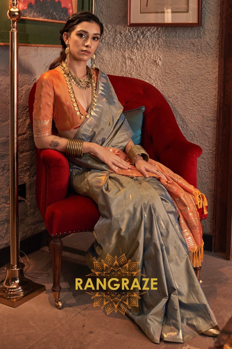 Greyish Blue Tussar Silk Saree with Peach Contrast Border
