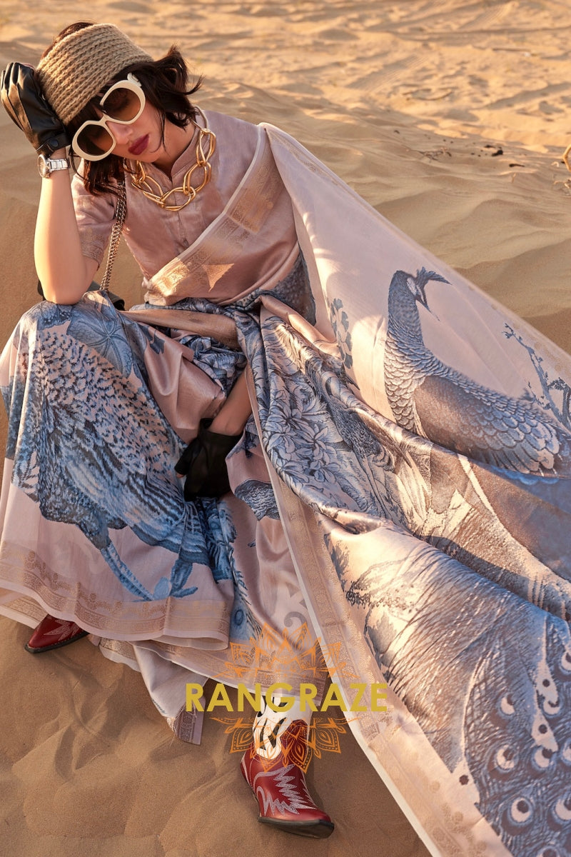 Sand Beige and Blue Woven Tussar Silk Saree
