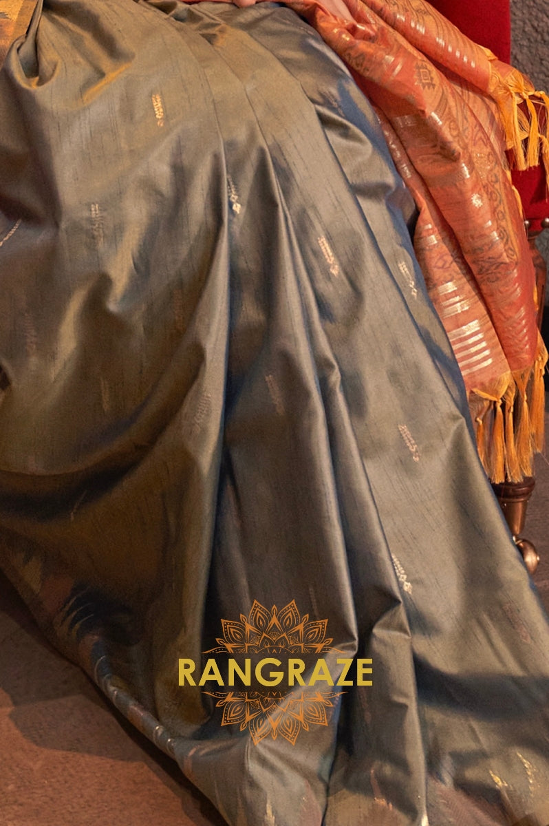 Greyish Blue Tussar Silk Saree with Peach Contrast Border