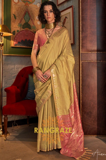 Olive Green Tussar Silk Saree with Rose Gold Border