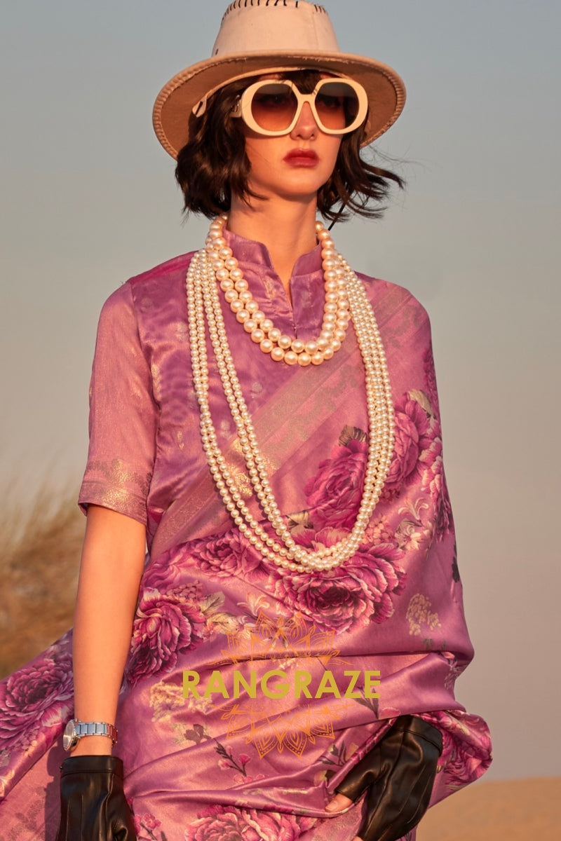 Mulberry and Pink Woven Tussar Silk Saree