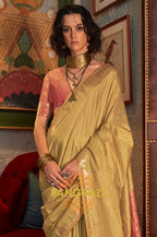Olive Green Tussar Silk Saree with Rose Gold Border