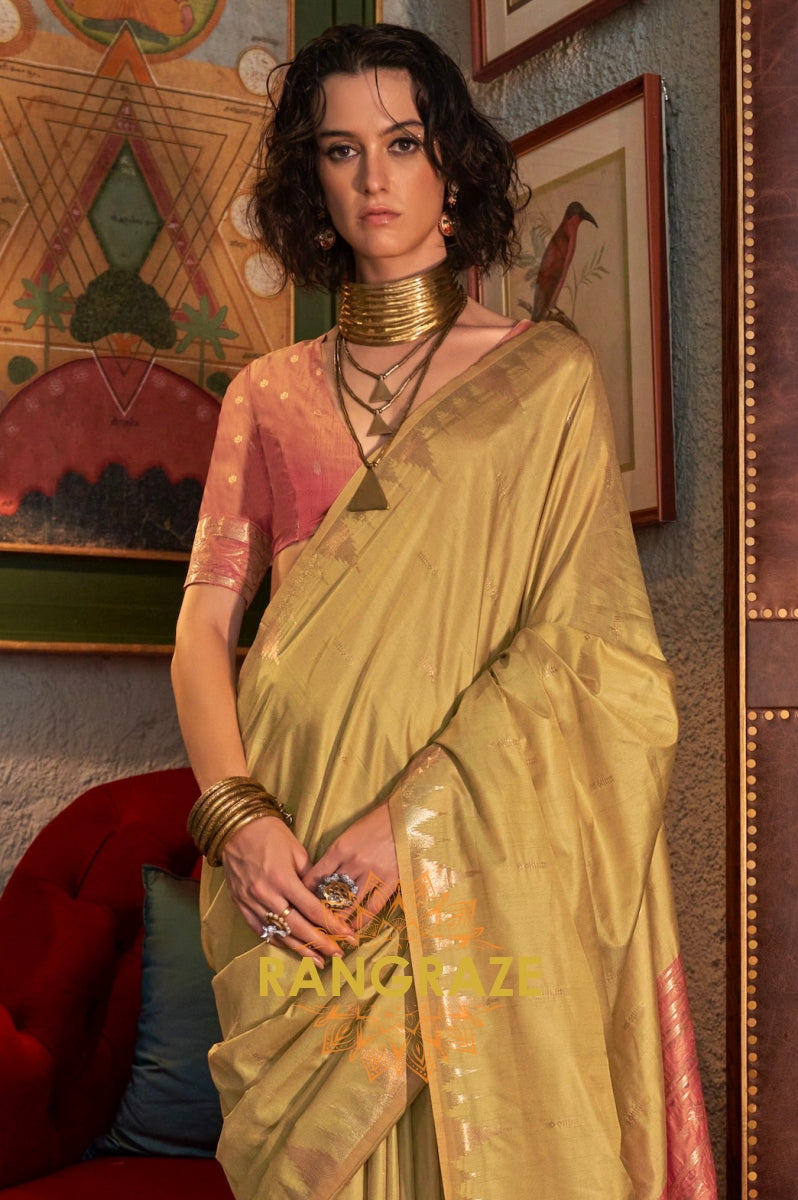 Olive Green Tussar Silk Saree with Rose Gold Border