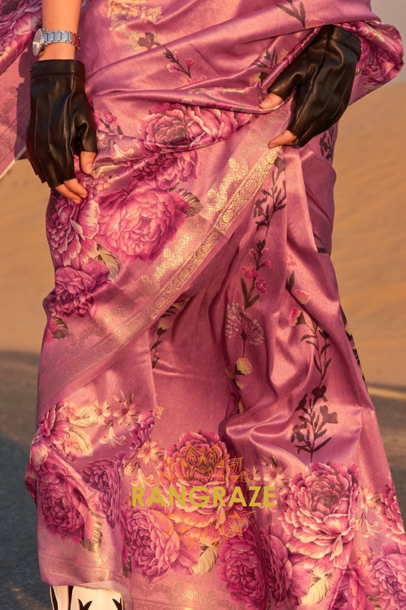 Mulberry and Pink Woven Tussar Silk Saree