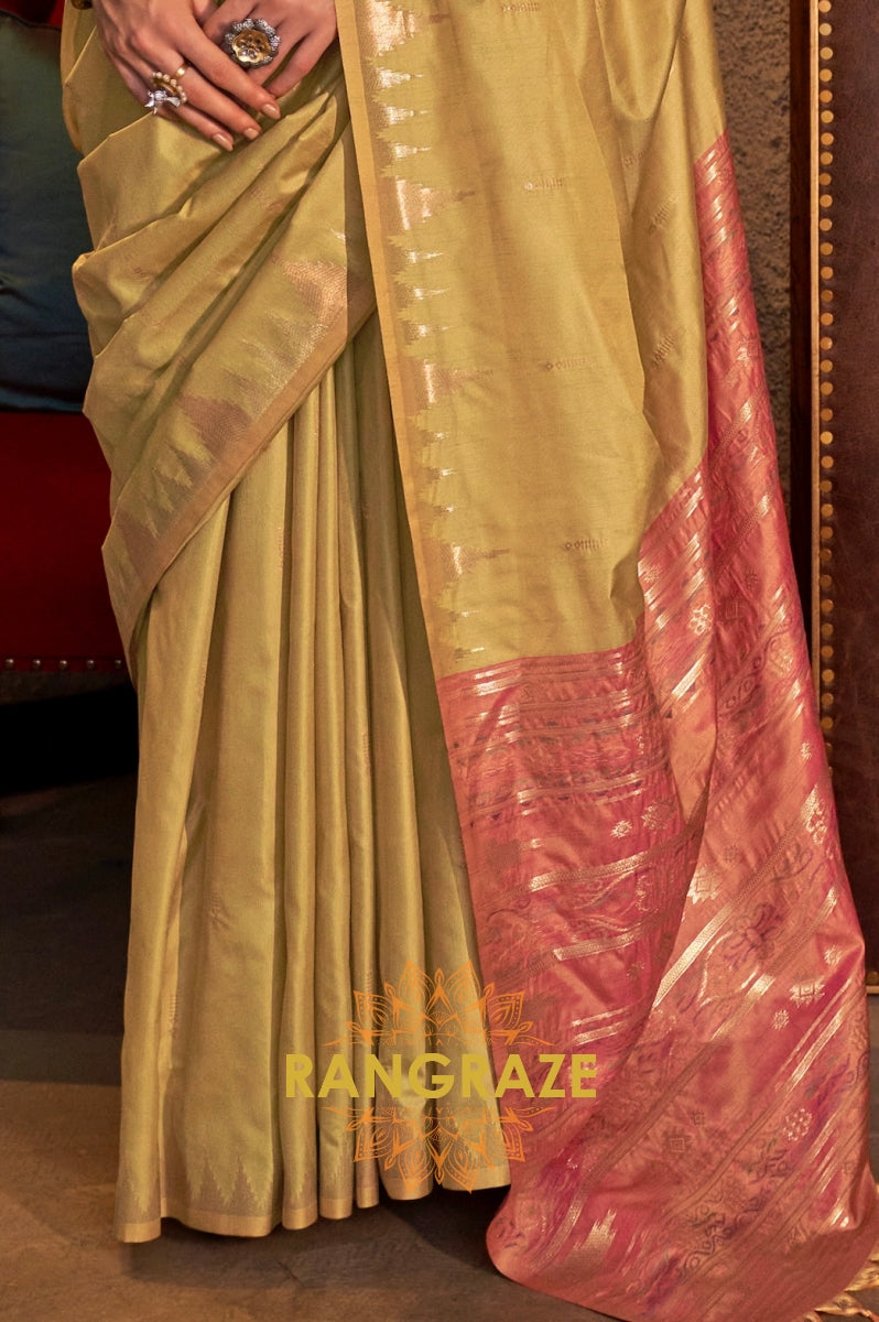 Olive Green Tussar Silk Saree with Rose Gold Border
