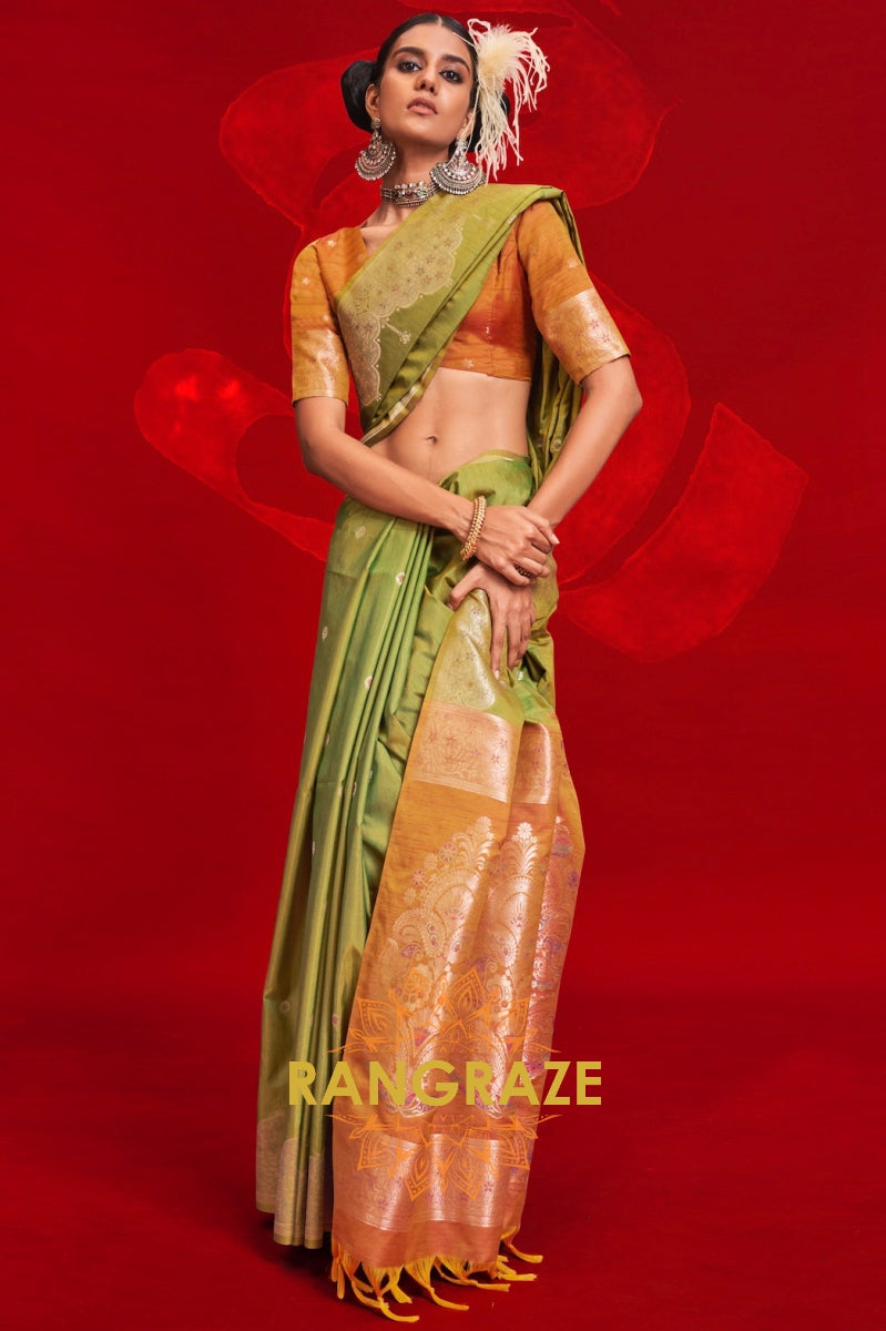 Olive Green Tussar Silk Handloom Saree with Contrast Ikkat Pallu