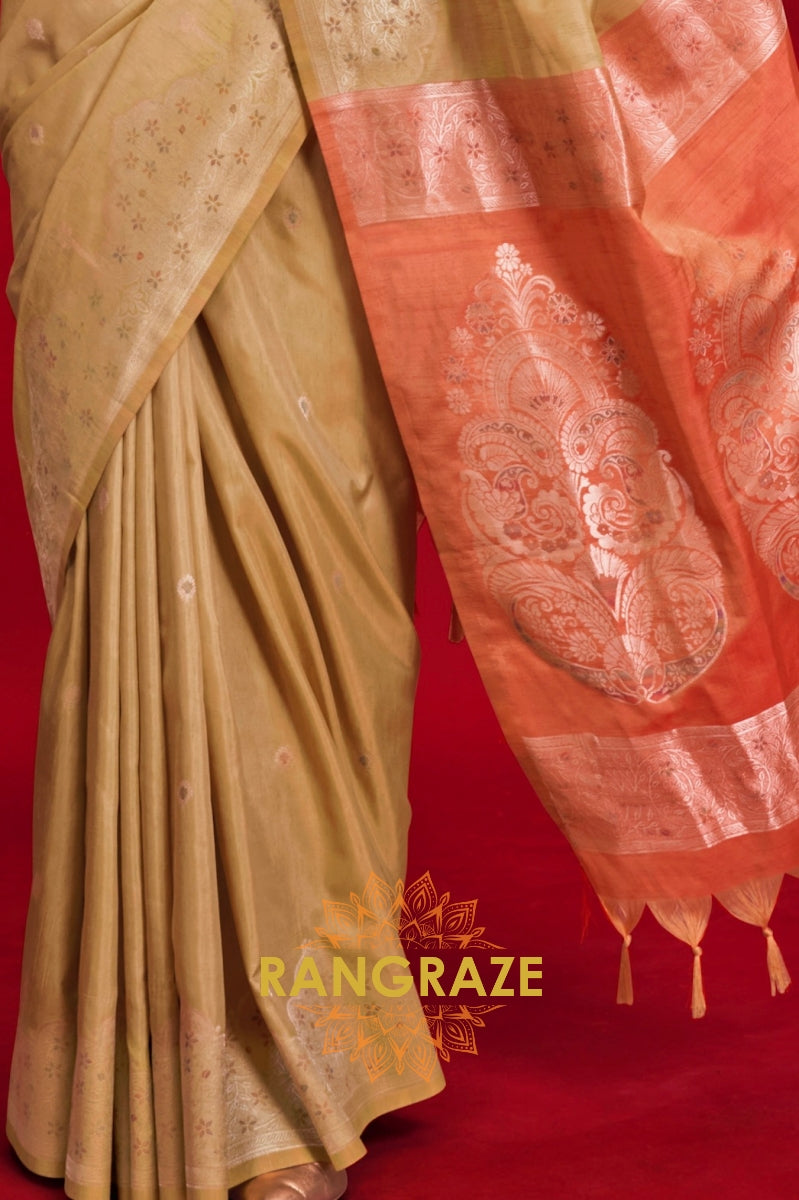 Khaki Beige & Rust Handloom Tussar Silk Saree