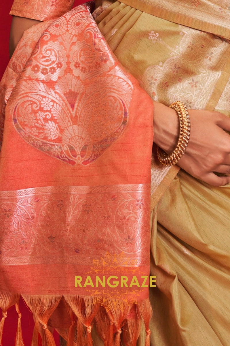 Khaki Beige & Rust Handloom Tussar Silk Saree