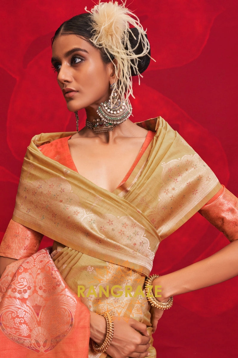 Khaki Beige & Rust Handloom Tussar Silk Saree