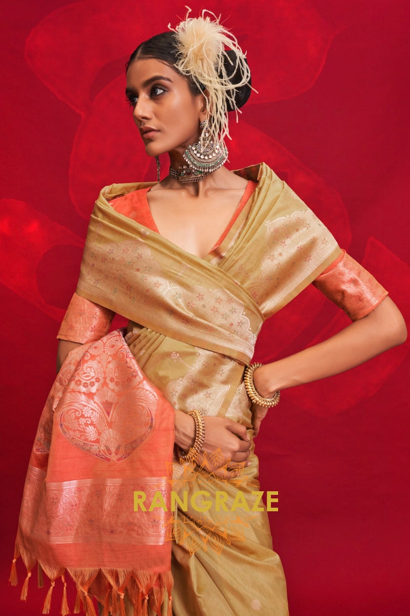 Khaki Beige & Rust Handloom Tussar Silk Saree