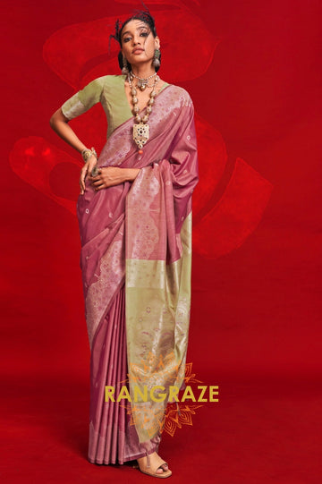 Dusty Rose & Pastel Green Tussar Silk Saree