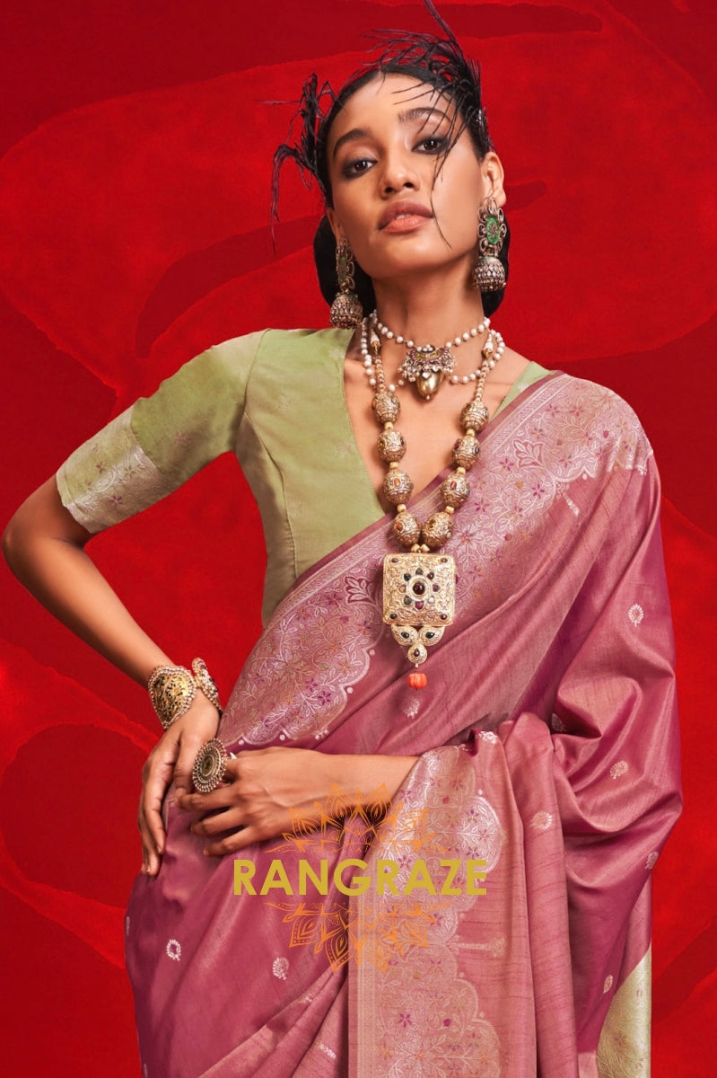 Dusty Rose & Pastel Green Tussar Silk Saree