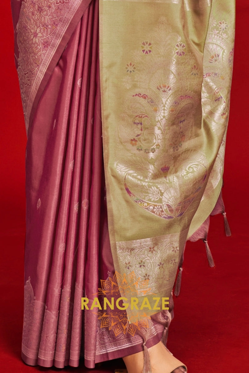 Dusty Rose & Pastel Green Tussar Silk Saree