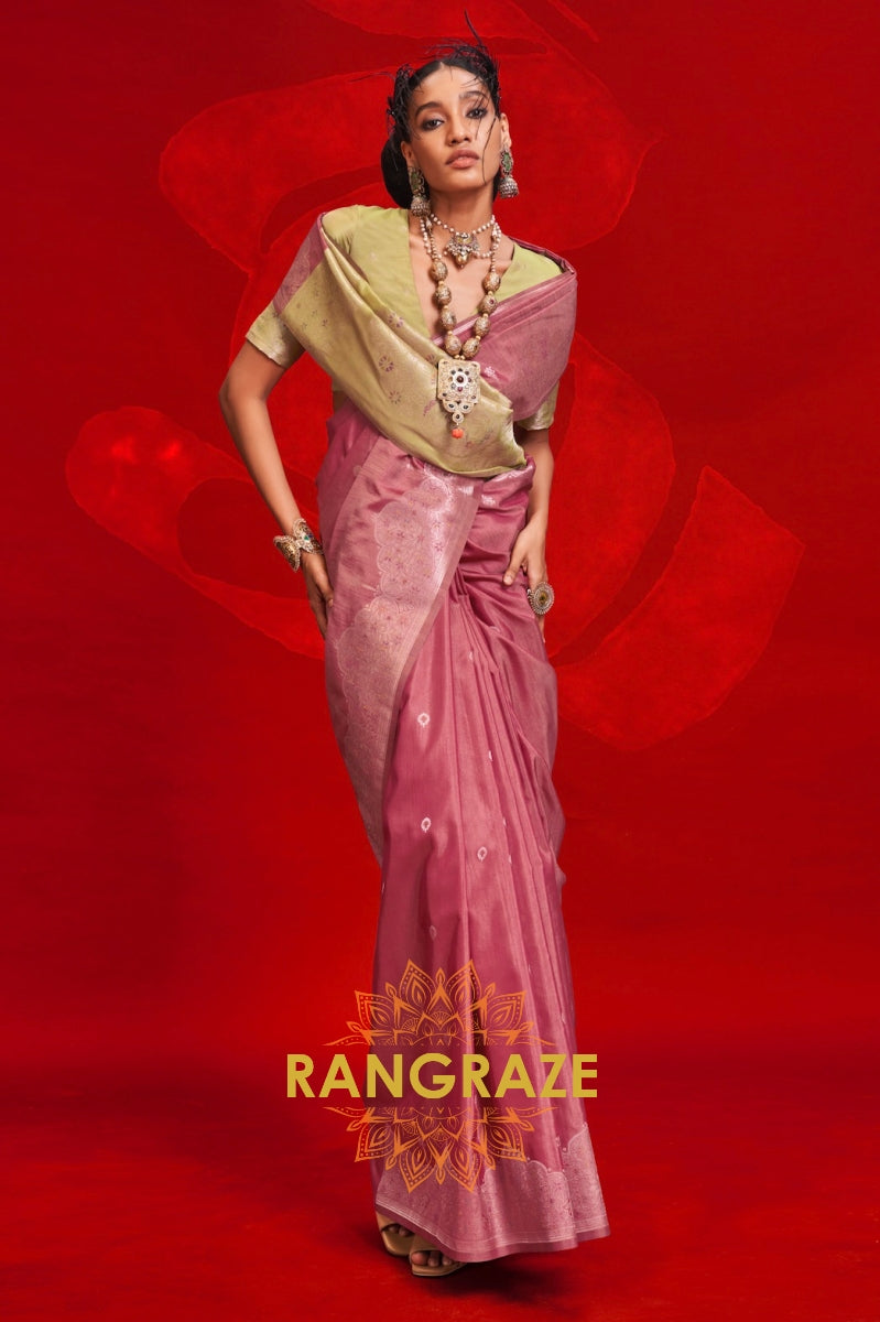 Dusty Rose & Pastel Green Tussar Silk Saree