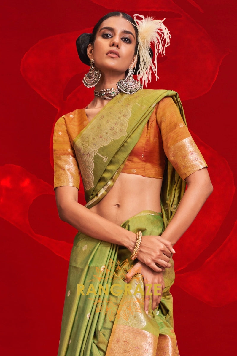 Olive Green Tussar Silk Handloom Saree with Contrast Ikkat Pallu