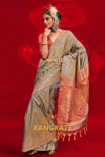 Silver Grey & Rust Tussar Silk Saree