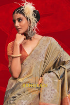 Silver Grey & Rust Tussar Silk Saree