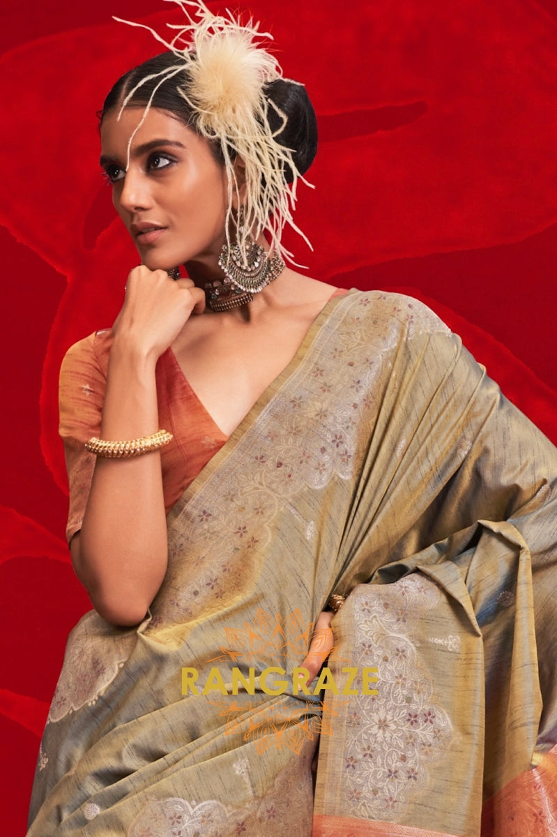 Silver Grey & Rust Tussar Silk Saree