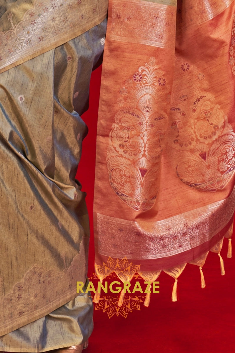 Silver Grey & Rust Tussar Silk Saree