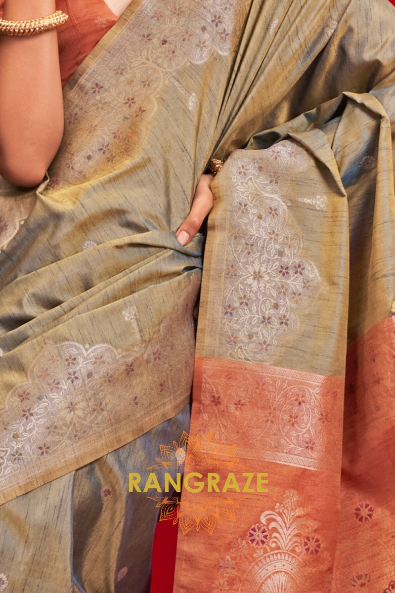 Silver Grey & Rust Tussar Silk Saree